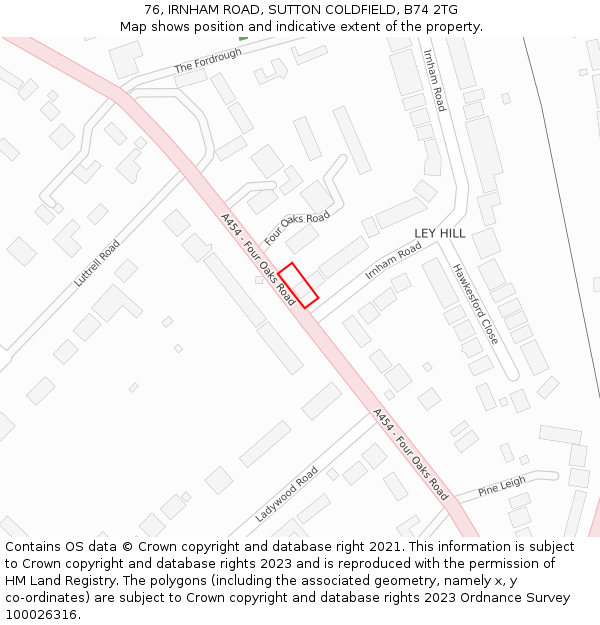 76, IRNHAM ROAD, SUTTON COLDFIELD, B74 2TG: Location map and indicative extent of plot