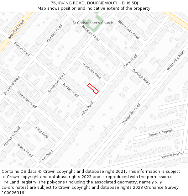 76, IRVING ROAD, BOURNEMOUTH, BH6 5BJ: Location map and indicative extent of plot