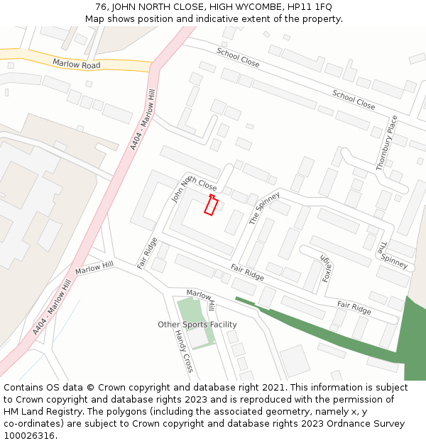 76, JOHN NORTH CLOSE, HIGH WYCOMBE, HP11 1FQ: Location map and indicative extent of plot