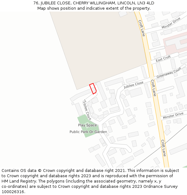 76, JUBILEE CLOSE, CHERRY WILLINGHAM, LINCOLN, LN3 4LD: Location map and indicative extent of plot
