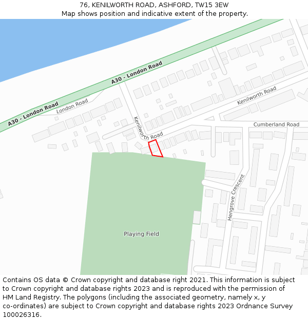 76, KENILWORTH ROAD, ASHFORD, TW15 3EW: Location map and indicative extent of plot