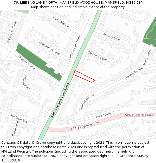 76, LEEMING LANE NORTH, MANSFIELD WOODHOUSE, MANSFIELD, NG19 9EP: Location map and indicative extent of plot