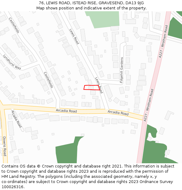 76, LEWIS ROAD, ISTEAD RISE, GRAVESEND, DA13 9JG: Location map and indicative extent of plot