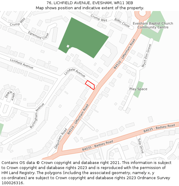 76, LICHFIELD AVENUE, EVESHAM, WR11 3EB: Location map and indicative extent of plot