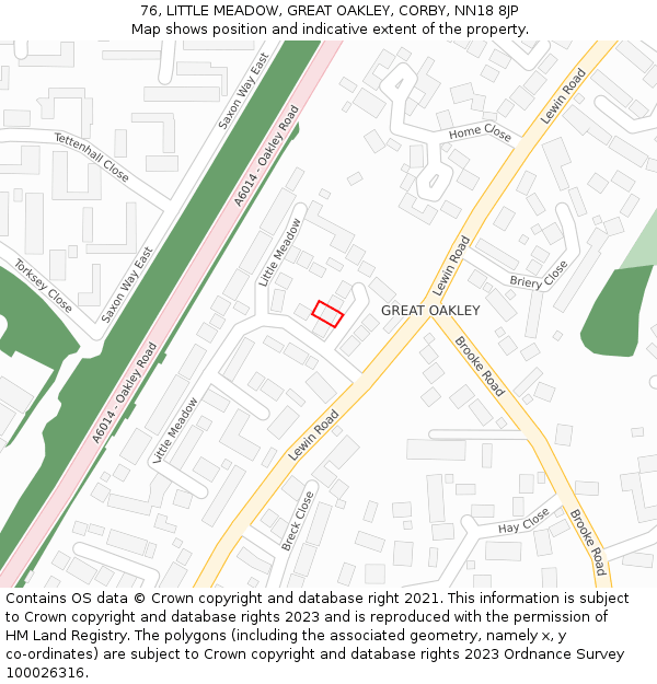 76, LITTLE MEADOW, GREAT OAKLEY, CORBY, NN18 8JP: Location map and indicative extent of plot