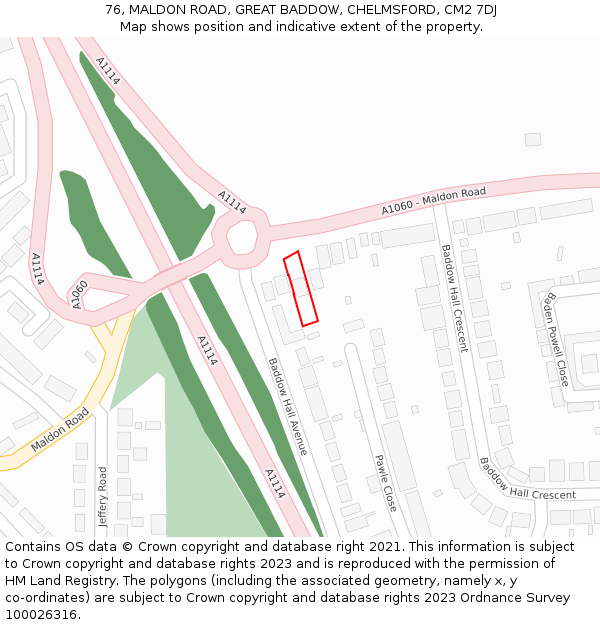 76, MALDON ROAD, GREAT BADDOW, CHELMSFORD, CM2 7DJ: Location map and indicative extent of plot