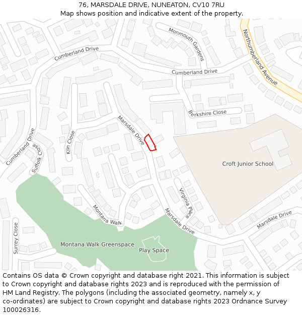 76, MARSDALE DRIVE, NUNEATON, CV10 7RU: Location map and indicative extent of plot