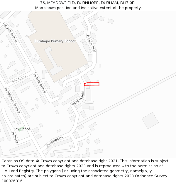 76, MEADOWFIELD, BURNHOPE, DURHAM, DH7 0EL: Location map and indicative extent of plot