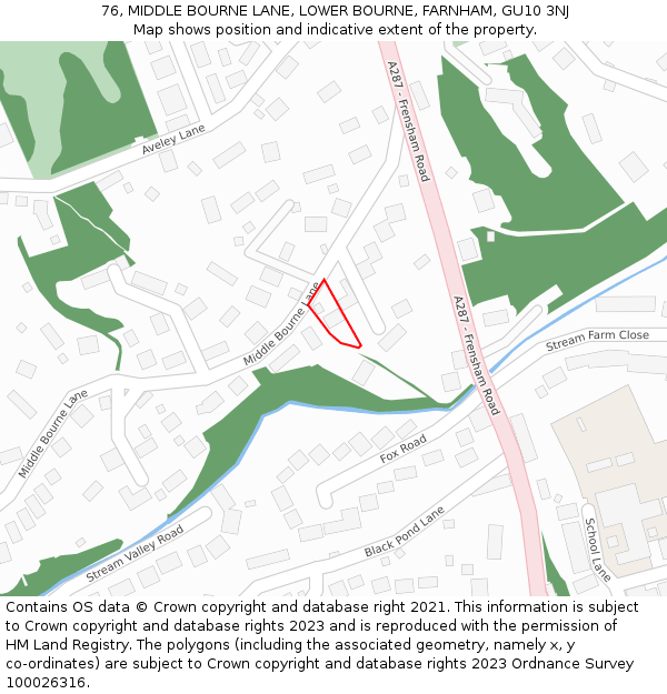 76, MIDDLE BOURNE LANE, LOWER BOURNE, FARNHAM, GU10 3NJ: Location map and indicative extent of plot