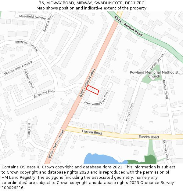 76, MIDWAY ROAD, MIDWAY, SWADLINCOTE, DE11 7PG: Location map and indicative extent of plot