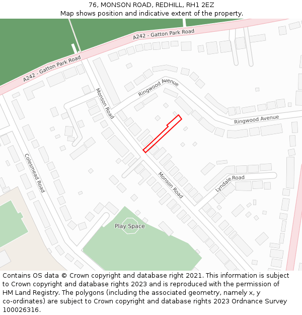 76, MONSON ROAD, REDHILL, RH1 2EZ: Location map and indicative extent of plot