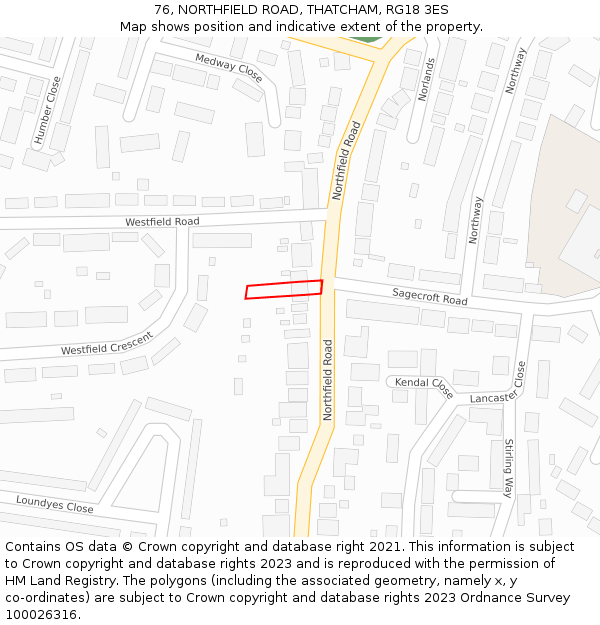 76, NORTHFIELD ROAD, THATCHAM, RG18 3ES: Location map and indicative extent of plot