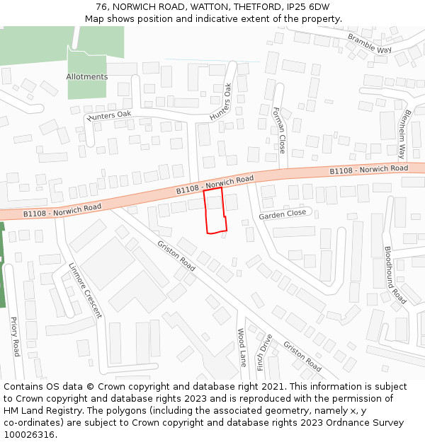 76, NORWICH ROAD, WATTON, THETFORD, IP25 6DW: Location map and indicative extent of plot