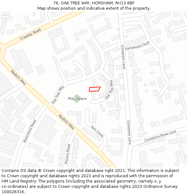 76, OAK TREE WAY, HORSHAM, RH13 6BF: Location map and indicative extent of plot