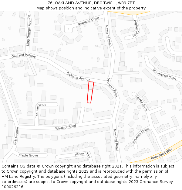 76, OAKLAND AVENUE, DROITWICH, WR9 7BT: Location map and indicative extent of plot