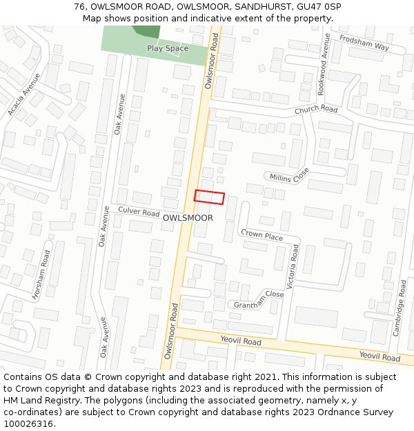 76, OWLSMOOR ROAD, OWLSMOOR, SANDHURST, GU47 0SP: Location map and indicative extent of plot