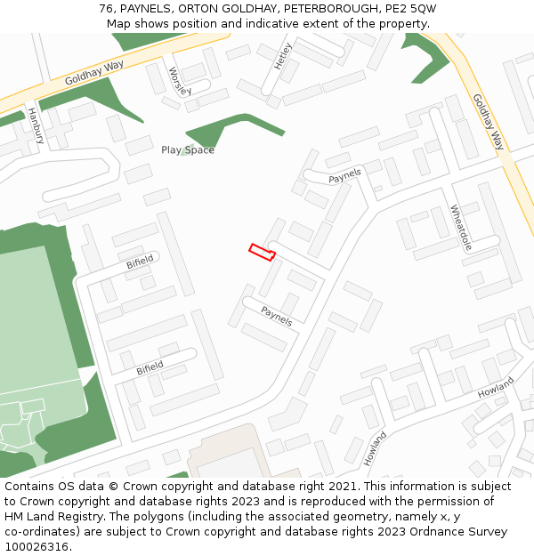 76, PAYNELS, ORTON GOLDHAY, PETERBOROUGH, PE2 5QW: Location map and indicative extent of plot