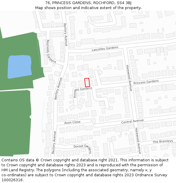 76, PRINCESS GARDENS, ROCHFORD, SS4 3BJ: Location map and indicative extent of plot