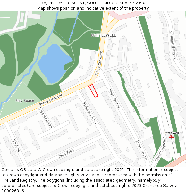 76, PRIORY CRESCENT, SOUTHEND-ON-SEA, SS2 6JX: Location map and indicative extent of plot