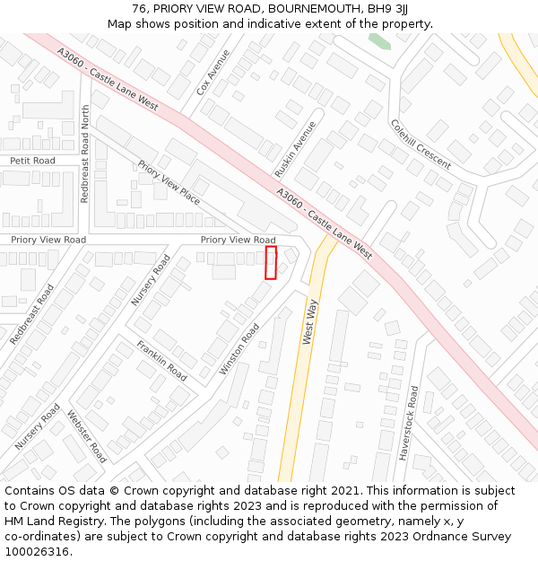 76, PRIORY VIEW ROAD, BOURNEMOUTH, BH9 3JJ: Location map and indicative extent of plot