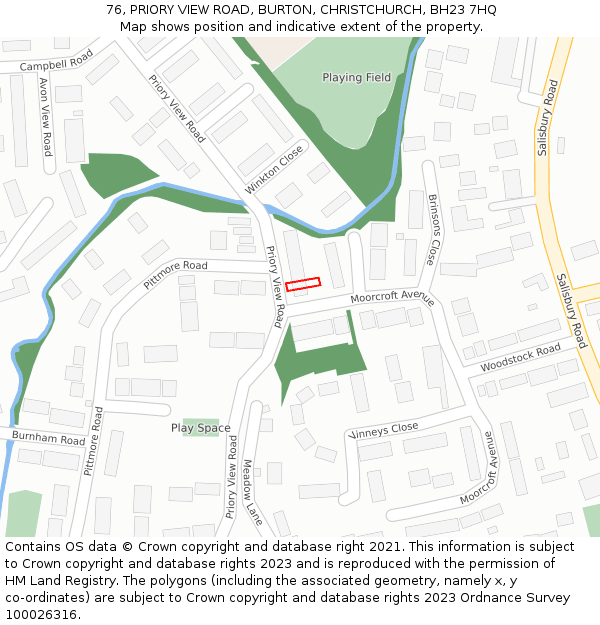 76, PRIORY VIEW ROAD, BURTON, CHRISTCHURCH, BH23 7HQ: Location map and indicative extent of plot