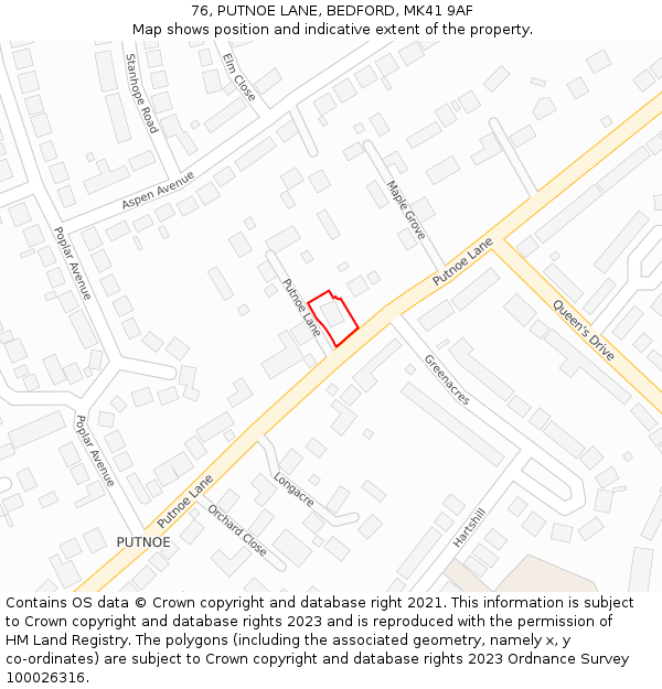 76, PUTNOE LANE, BEDFORD, MK41 9AF: Location map and indicative extent of plot