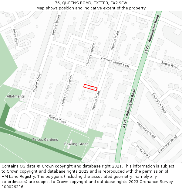 76, QUEENS ROAD, EXETER, EX2 9EW: Location map and indicative extent of plot