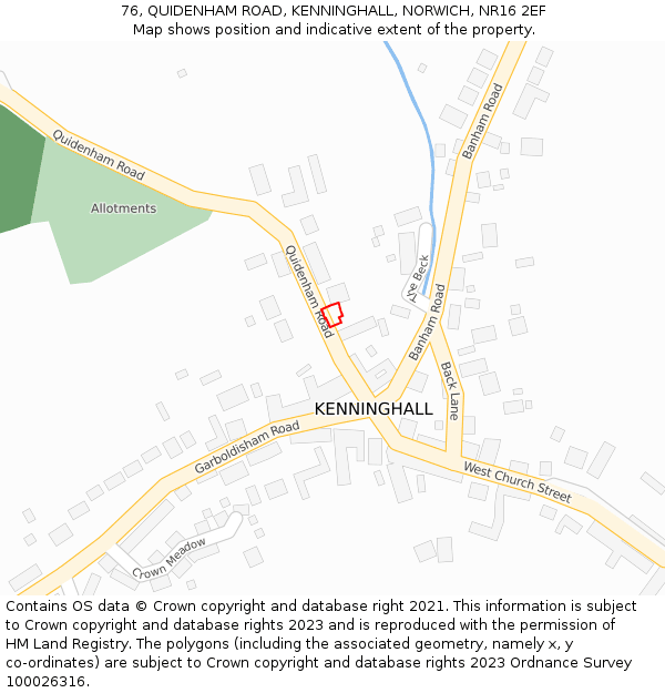 76, QUIDENHAM ROAD, KENNINGHALL, NORWICH, NR16 2EF: Location map and indicative extent of plot