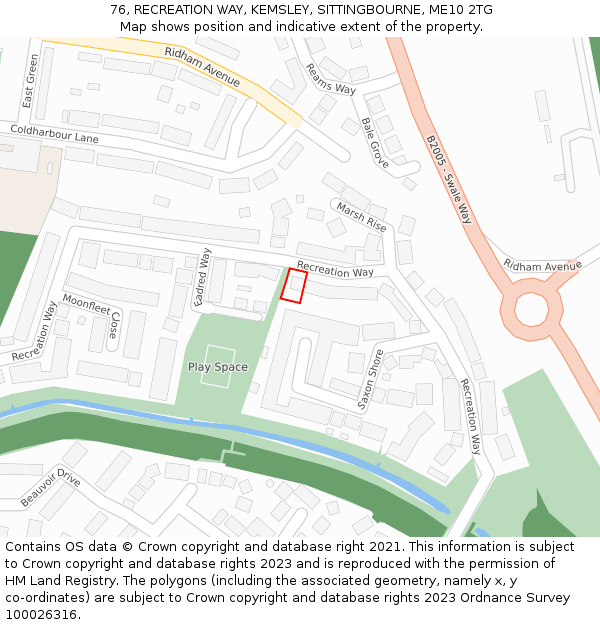 76, RECREATION WAY, KEMSLEY, SITTINGBOURNE, ME10 2TG: Location map and indicative extent of plot