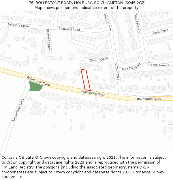 76, ROLLESTONE ROAD, HOLBURY, SOUTHAMPTON, SO45 2GZ: Location map and indicative extent of plot