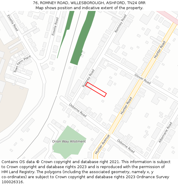 76, ROMNEY ROAD, WILLESBOROUGH, ASHFORD, TN24 0RR: Location map and indicative extent of plot