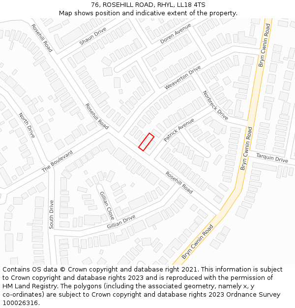 76, ROSEHILL ROAD, RHYL, LL18 4TS: Location map and indicative extent of plot