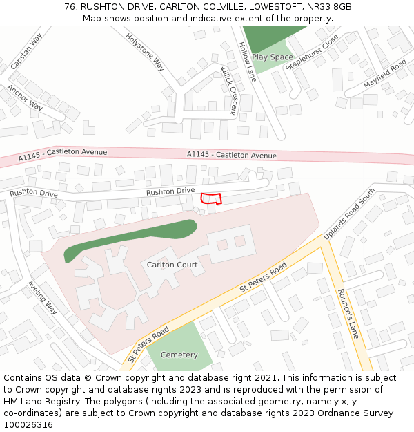 76, RUSHTON DRIVE, CARLTON COLVILLE, LOWESTOFT, NR33 8GB: Location map and indicative extent of plot