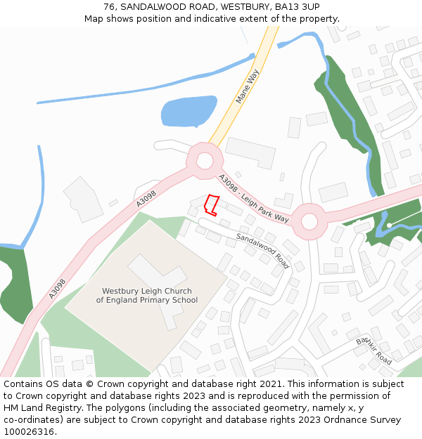 76, SANDALWOOD ROAD, WESTBURY, BA13 3UP: Location map and indicative extent of plot