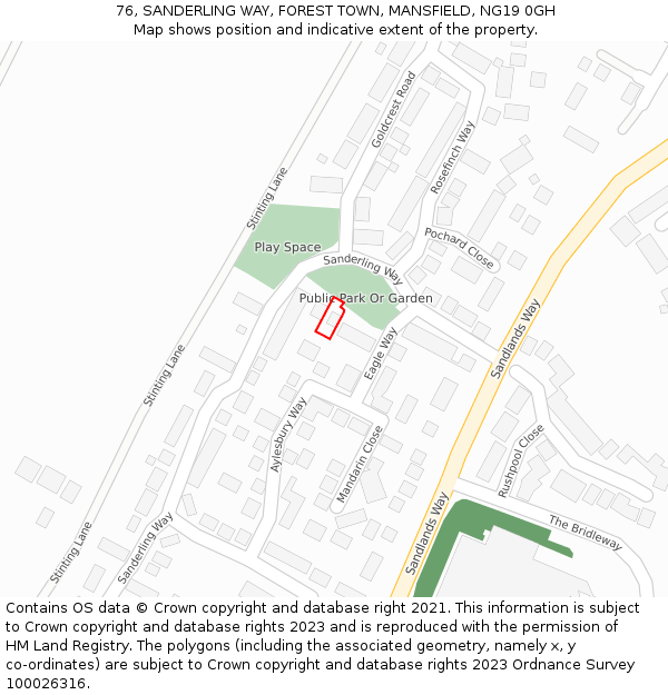 76, SANDERLING WAY, FOREST TOWN, MANSFIELD, NG19 0GH: Location map and indicative extent of plot