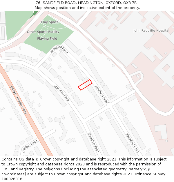 76, SANDFIELD ROAD, HEADINGTON, OXFORD, OX3 7RL: Location map and indicative extent of plot