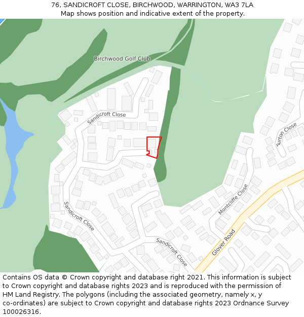 76, SANDICROFT CLOSE, BIRCHWOOD, WARRINGTON, WA3 7LA: Location map and indicative extent of plot