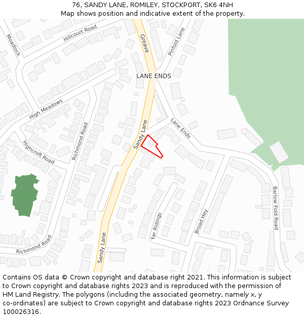 76, SANDY LANE, ROMILEY, STOCKPORT, SK6 4NH: Location map and indicative extent of plot