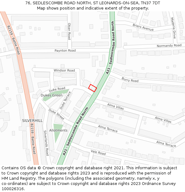 76, SEDLESCOMBE ROAD NORTH, ST LEONARDS-ON-SEA, TN37 7DT: Location map and indicative extent of plot