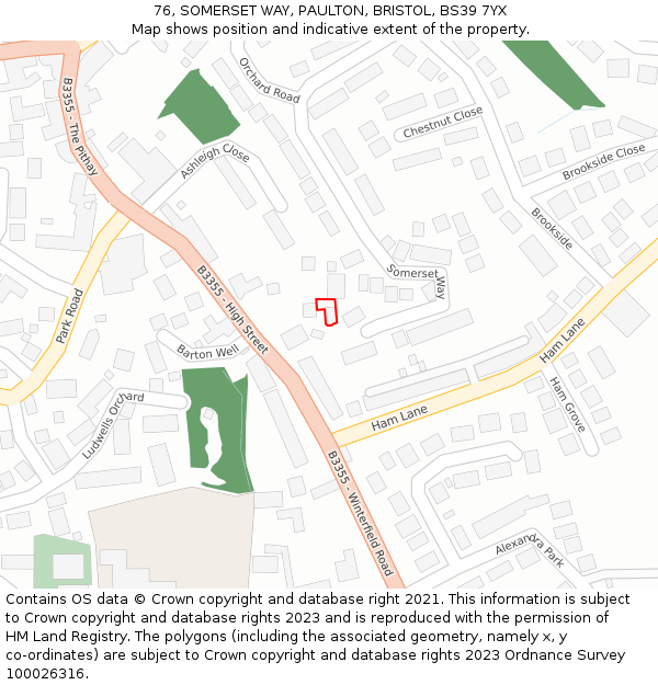 76, SOMERSET WAY, PAULTON, BRISTOL, BS39 7YX: Location map and indicative extent of plot