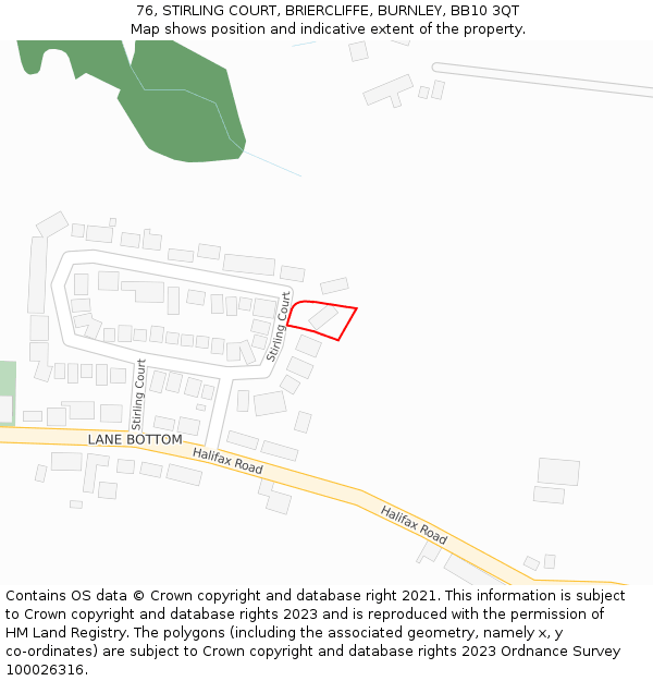 76, STIRLING COURT, BRIERCLIFFE, BURNLEY, BB10 3QT: Location map and indicative extent of plot