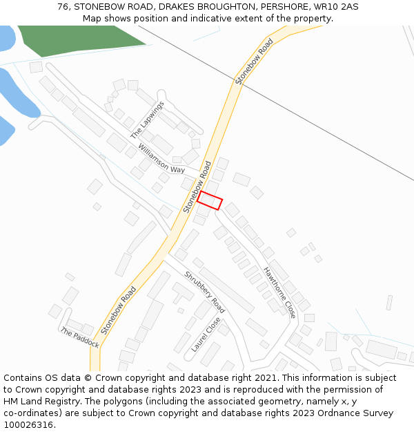 76, STONEBOW ROAD, DRAKES BROUGHTON, PERSHORE, WR10 2AS: Location map and indicative extent of plot