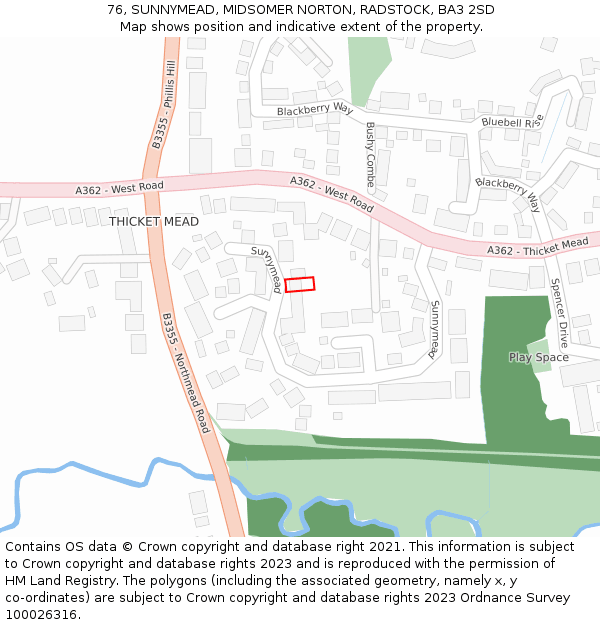 76, SUNNYMEAD, MIDSOMER NORTON, RADSTOCK, BA3 2SD: Location map and indicative extent of plot