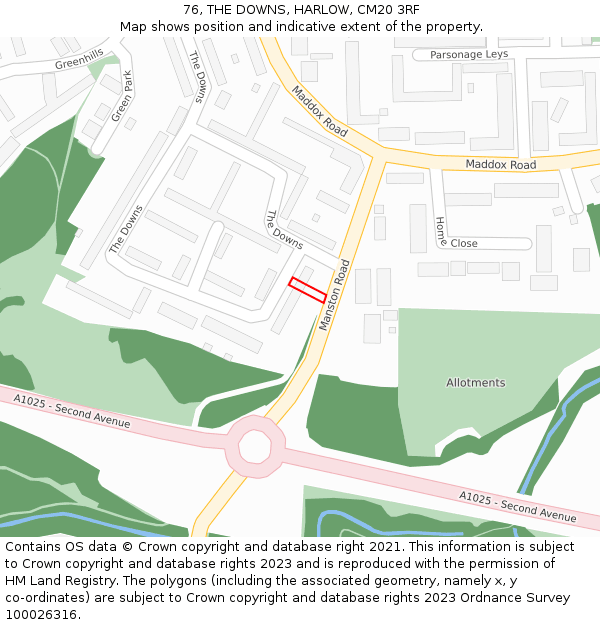 76, THE DOWNS, HARLOW, CM20 3RF: Location map and indicative extent of plot