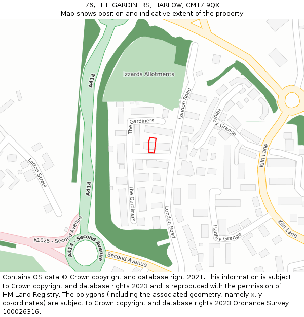 76, THE GARDINERS, HARLOW, CM17 9QX: Location map and indicative extent of plot