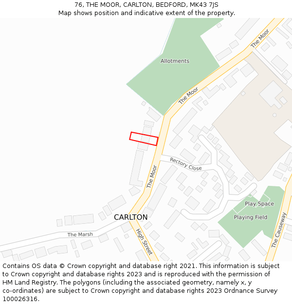 76, THE MOOR, CARLTON, BEDFORD, MK43 7JS: Location map and indicative extent of plot