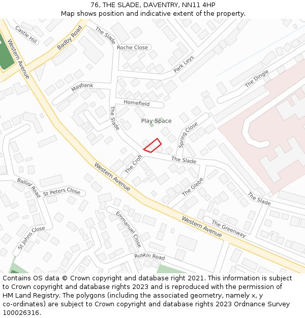 76, THE SLADE, DAVENTRY, NN11 4HP: Location map and indicative extent of plot
