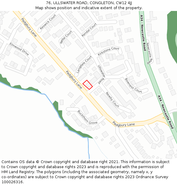 76, ULLSWATER ROAD, CONGLETON, CW12 4JJ: Location map and indicative extent of plot