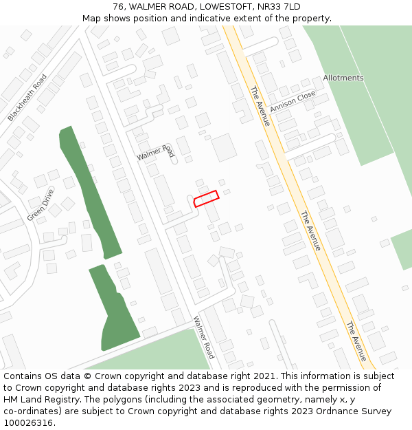 76, WALMER ROAD, LOWESTOFT, NR33 7LD: Location map and indicative extent of plot