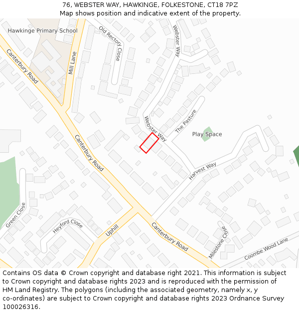 76, WEBSTER WAY, HAWKINGE, FOLKESTONE, CT18 7PZ: Location map and indicative extent of plot